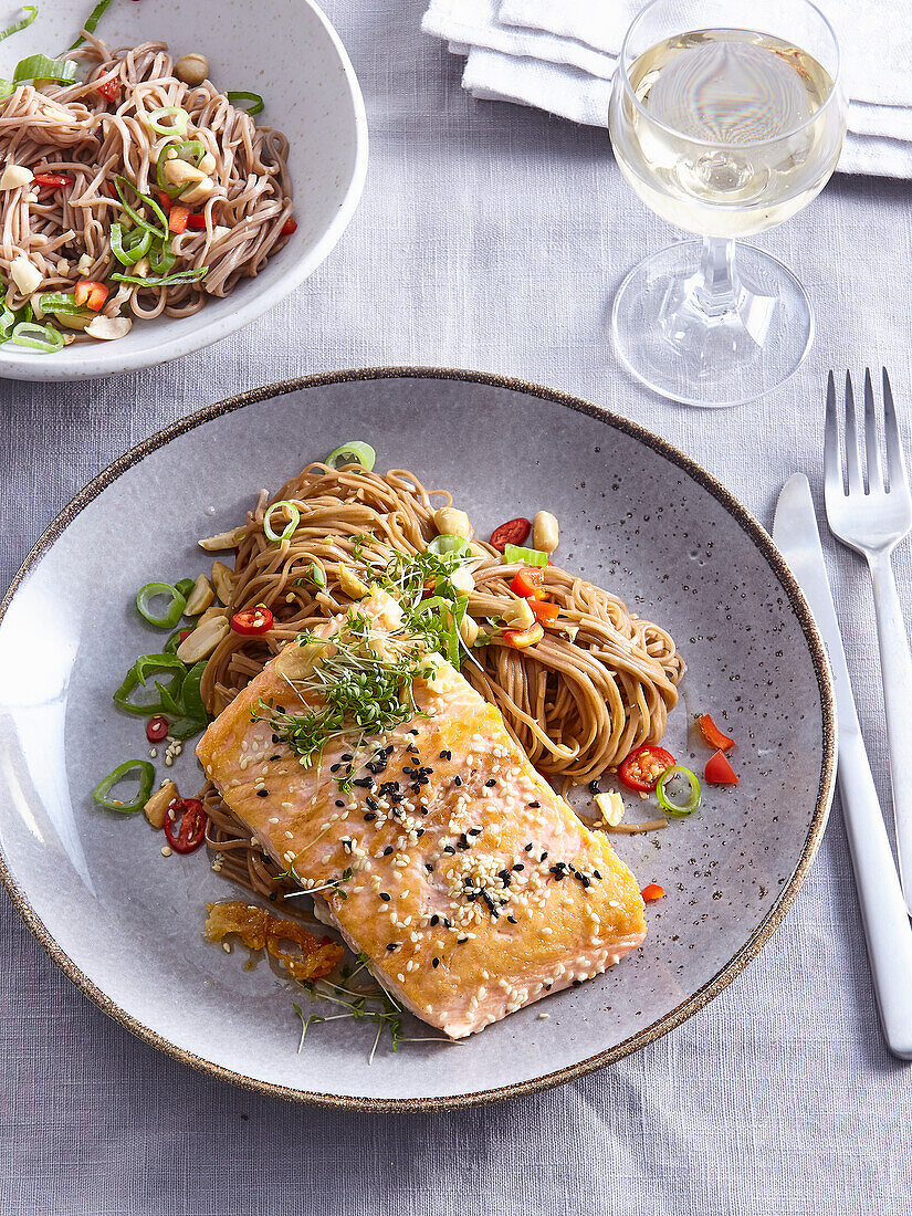 Sesame salmon with soba noodles