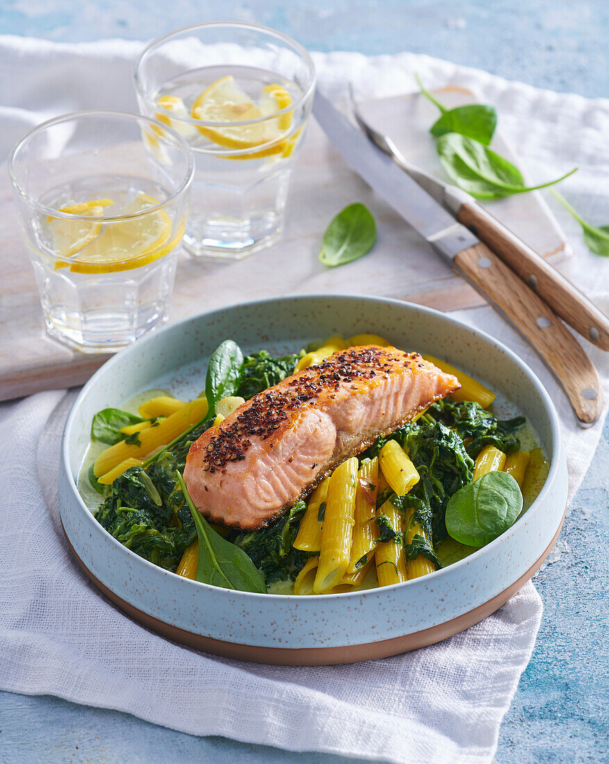 Herb butter salmon with spinach pasta