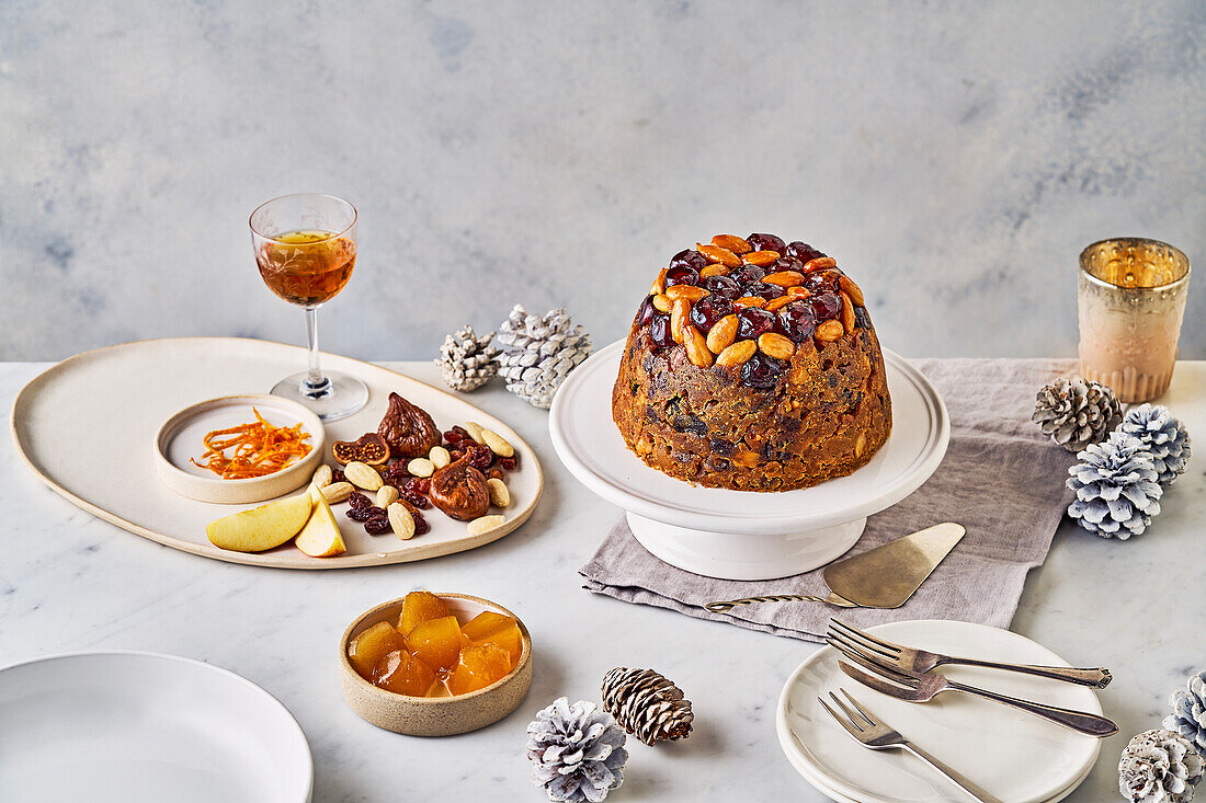 Christmas pudding on a festively decorated table