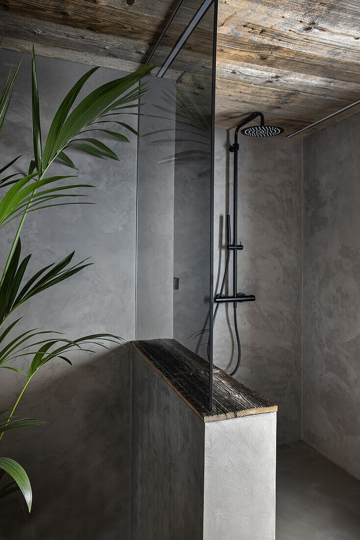 Shower area in bathroom with grey walls and ceiling in recycled wood