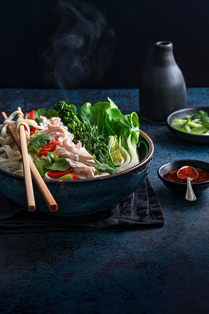 Chicken broth with noodles and vegetables