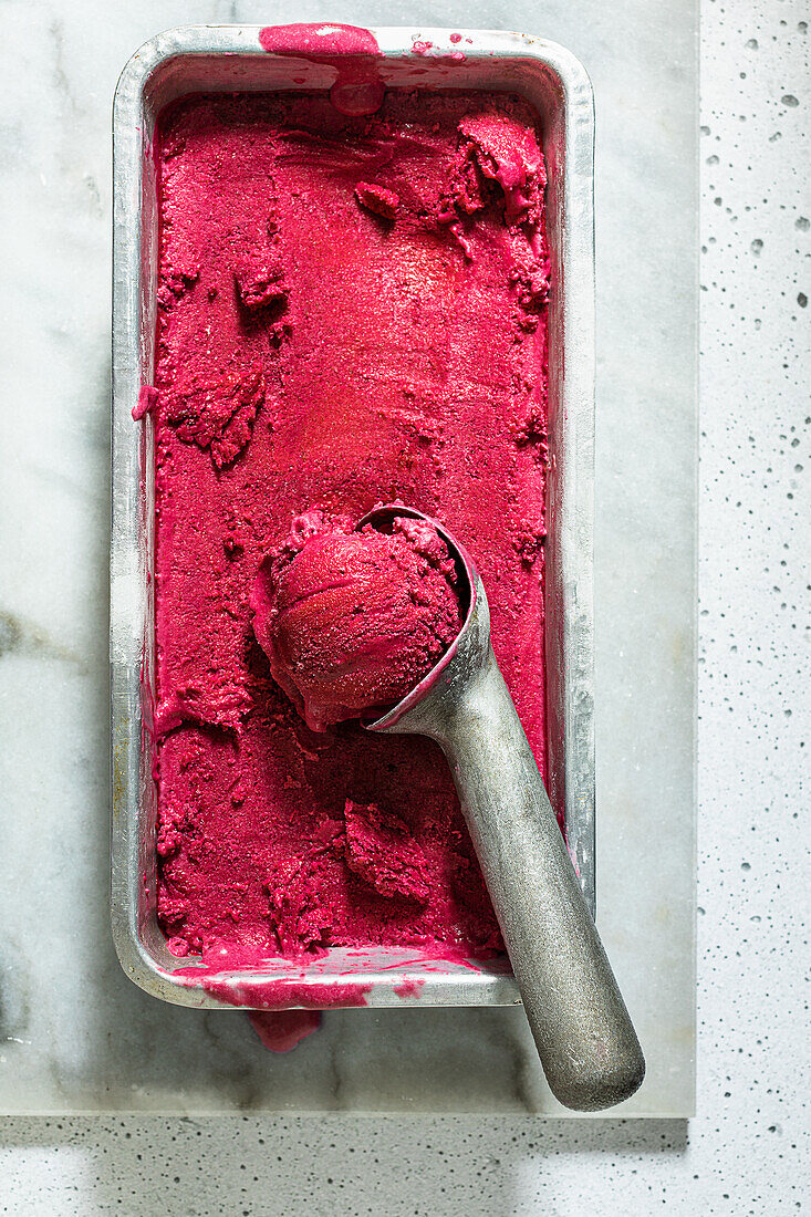 Blood red peach and thyme ice cream