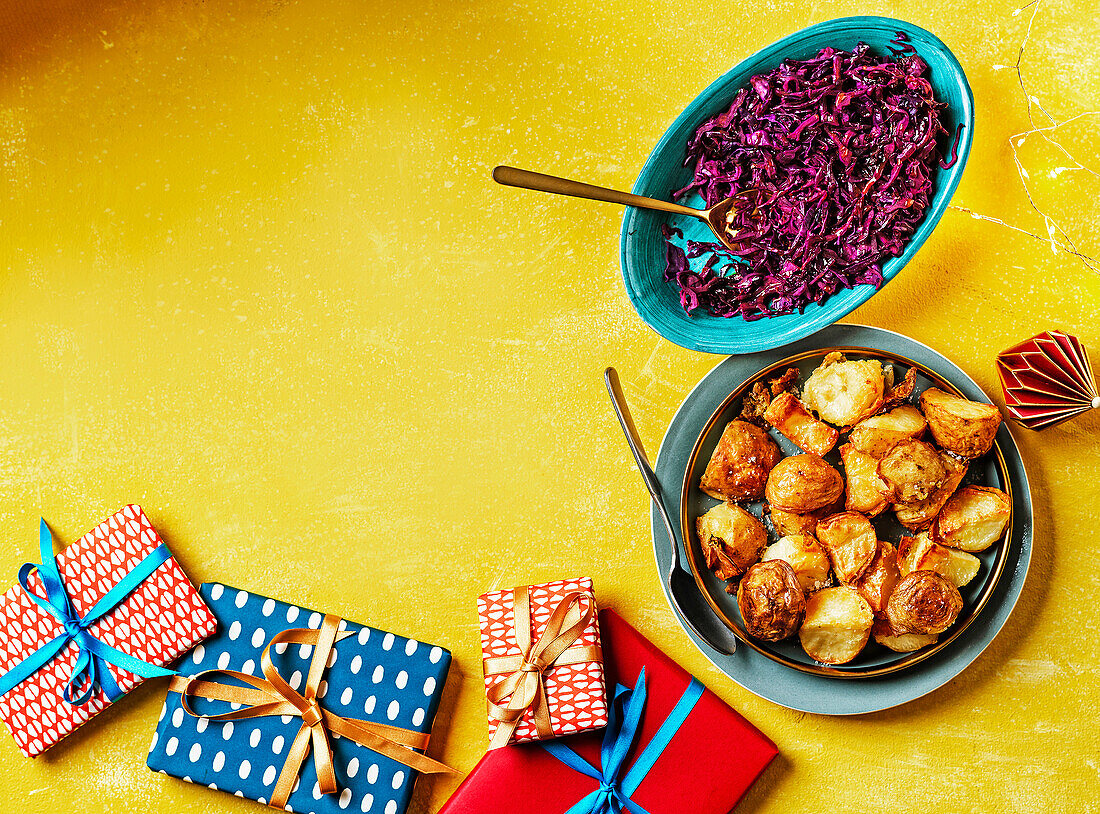 Sautéed red cabbage and crispy roasted potatoes with potato skin