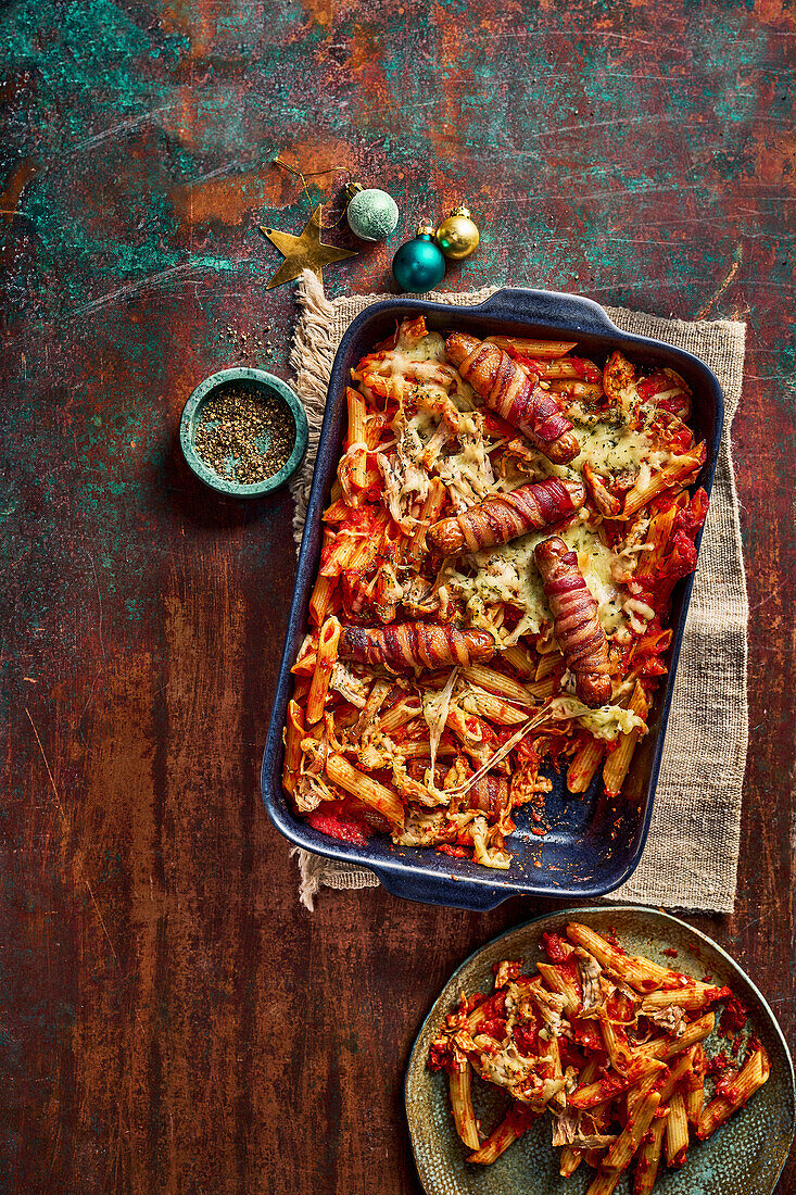 Turkey noodle casserole with sausages wrapped in bacon (leftovers)