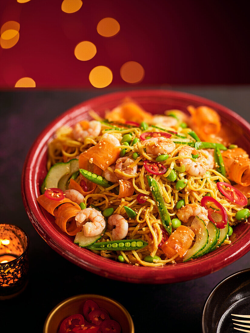 Noodle salad with miso and ginger shrimp