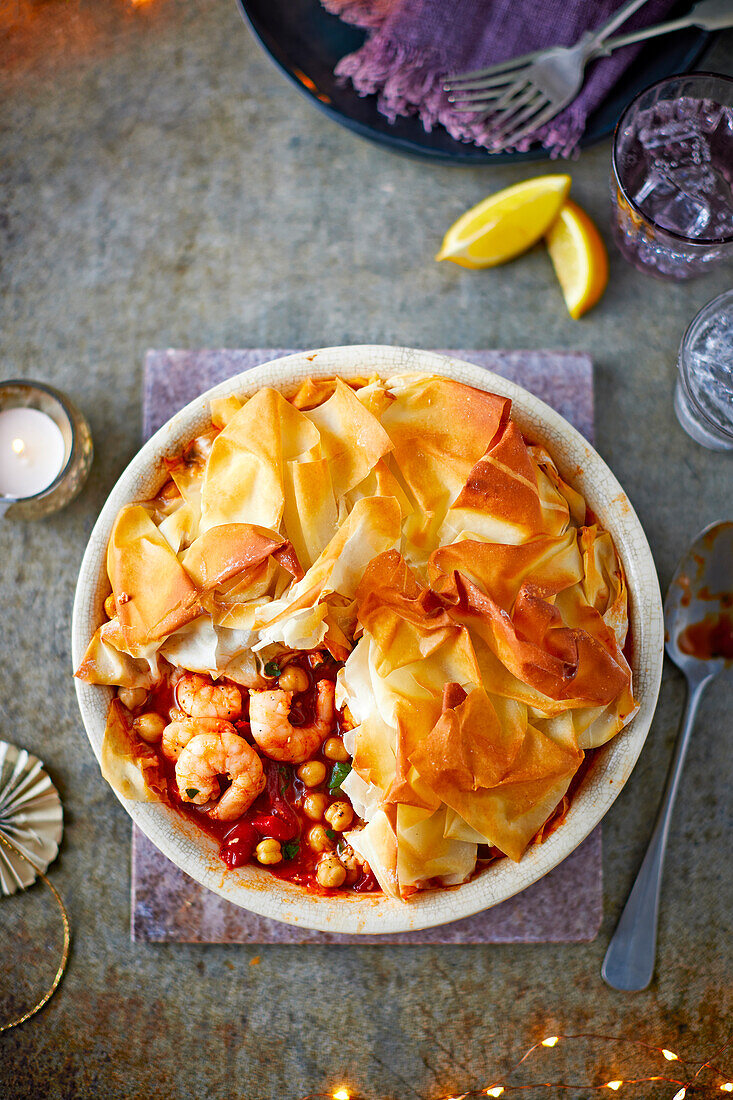 Hearty filo pie with shrimp, peppers, and chickpeas