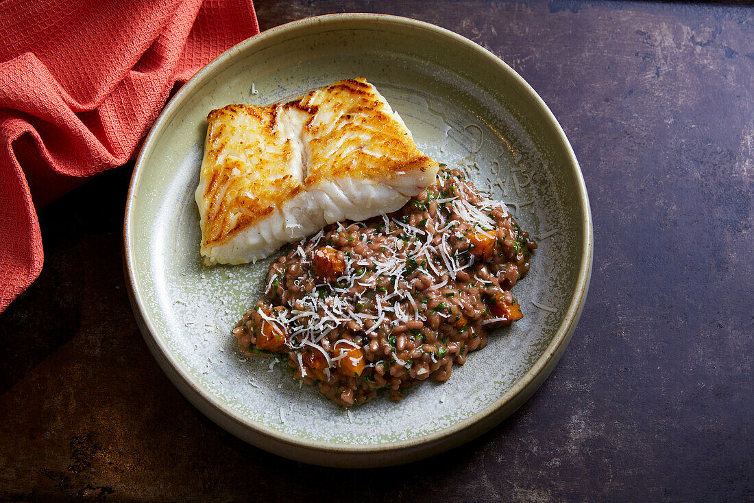 Roasted cod with red wine pumpkin risotto