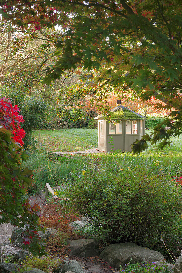 Pavillon im herbstlichen Garten mit Rasen, Bäumen und Felsenbirne