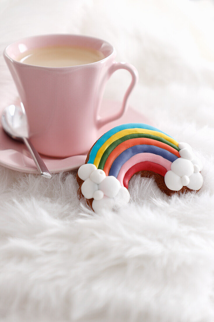 Rainbow cake with coffee