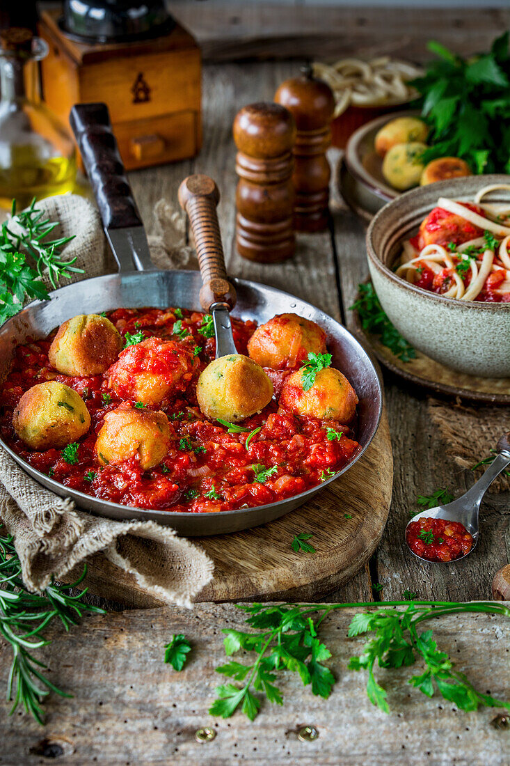 Vegane Kichererbsenbällchen in Tomatensauce