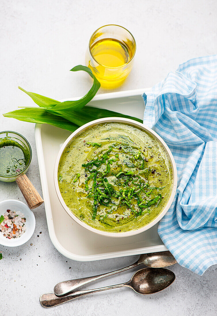 Creamy potato and wild garlic soup