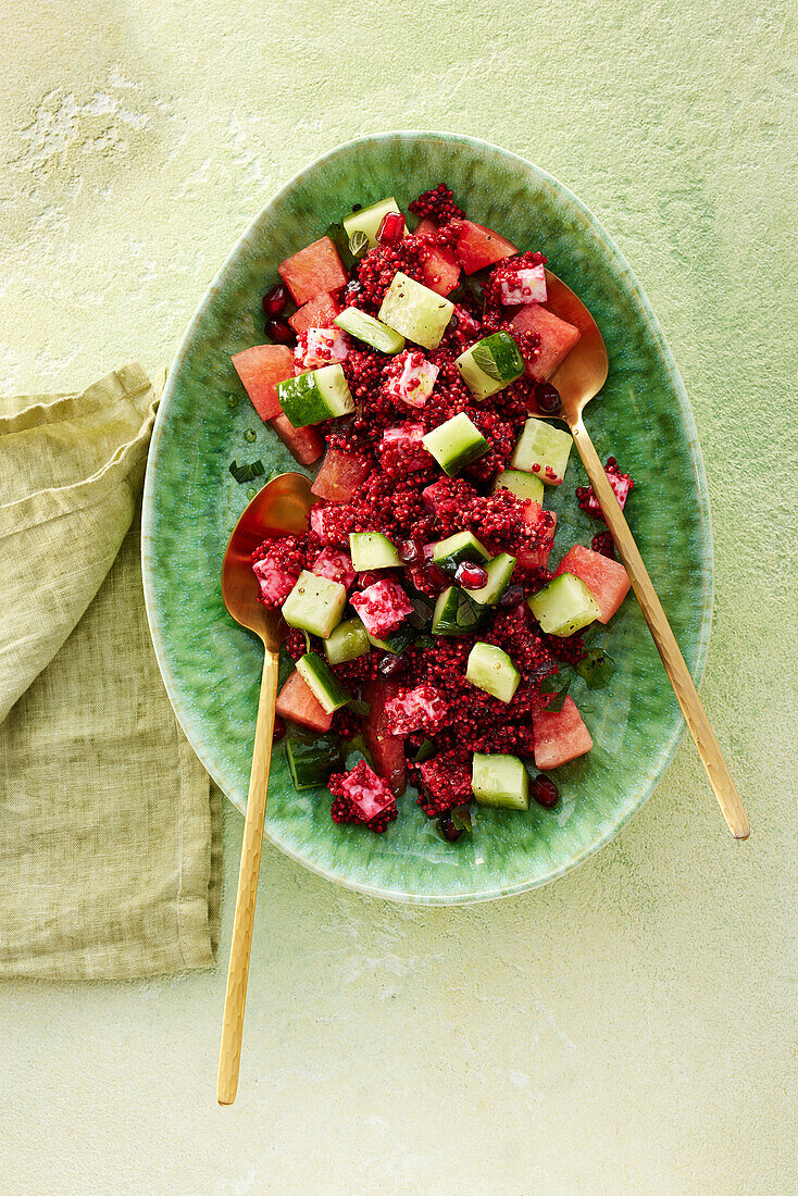 Quinoa salad with beetroot, feta cheese and watermelon