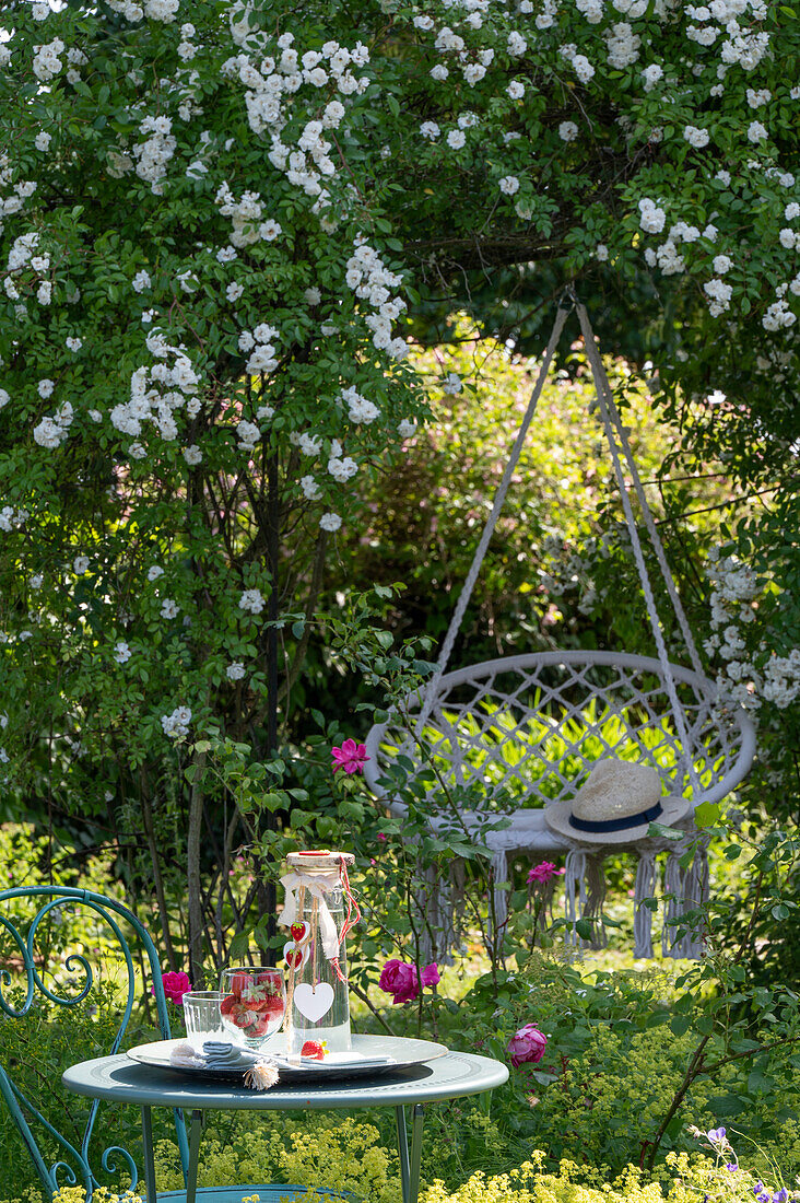 Macramé hanging chair under flowering climbing rose in summer garden