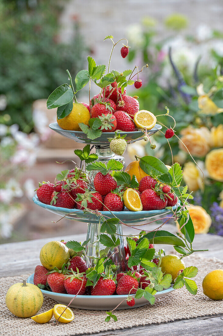 Strawberries on an etagere as summer table decoration