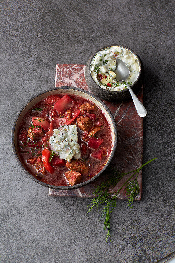 Beef borscht with apple sour cream