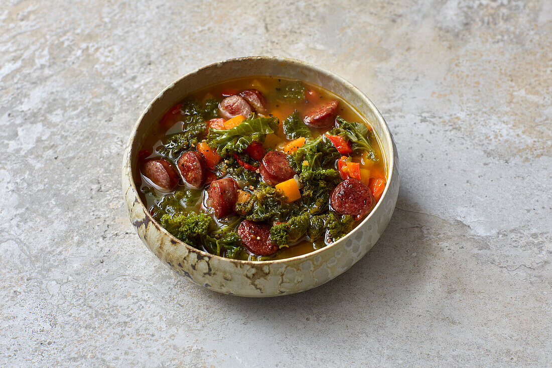 Sweet potato and kale stew with cabanossi