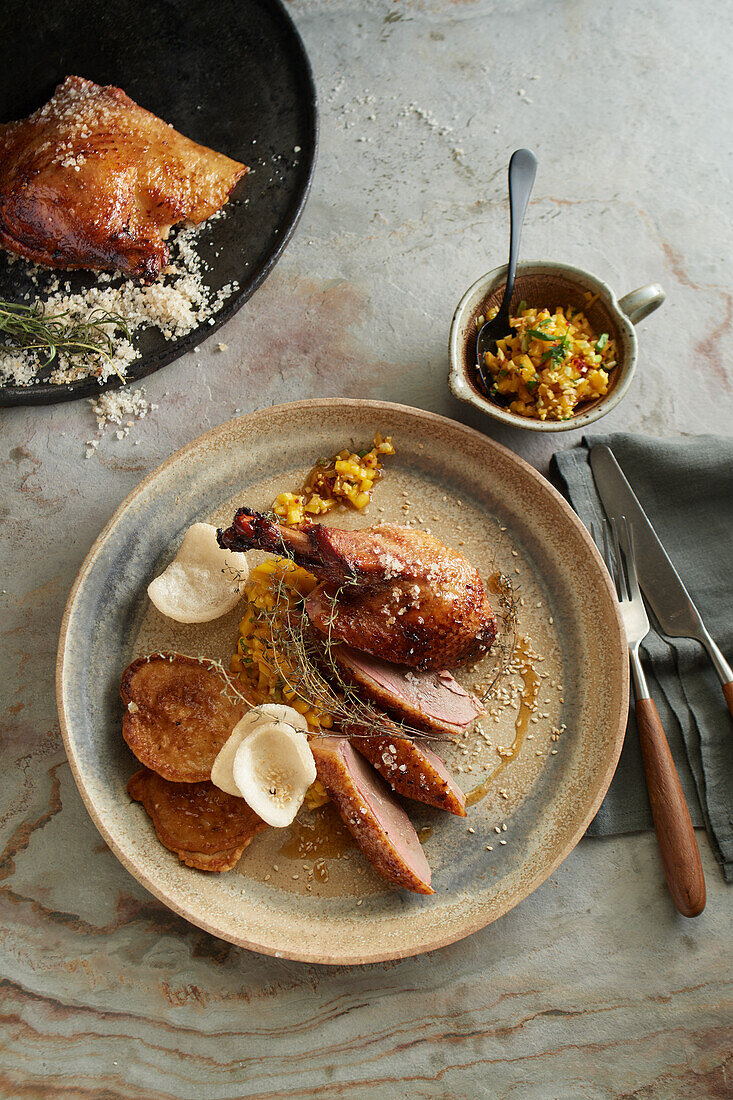 Spiced mason's duck from the pickling broth
