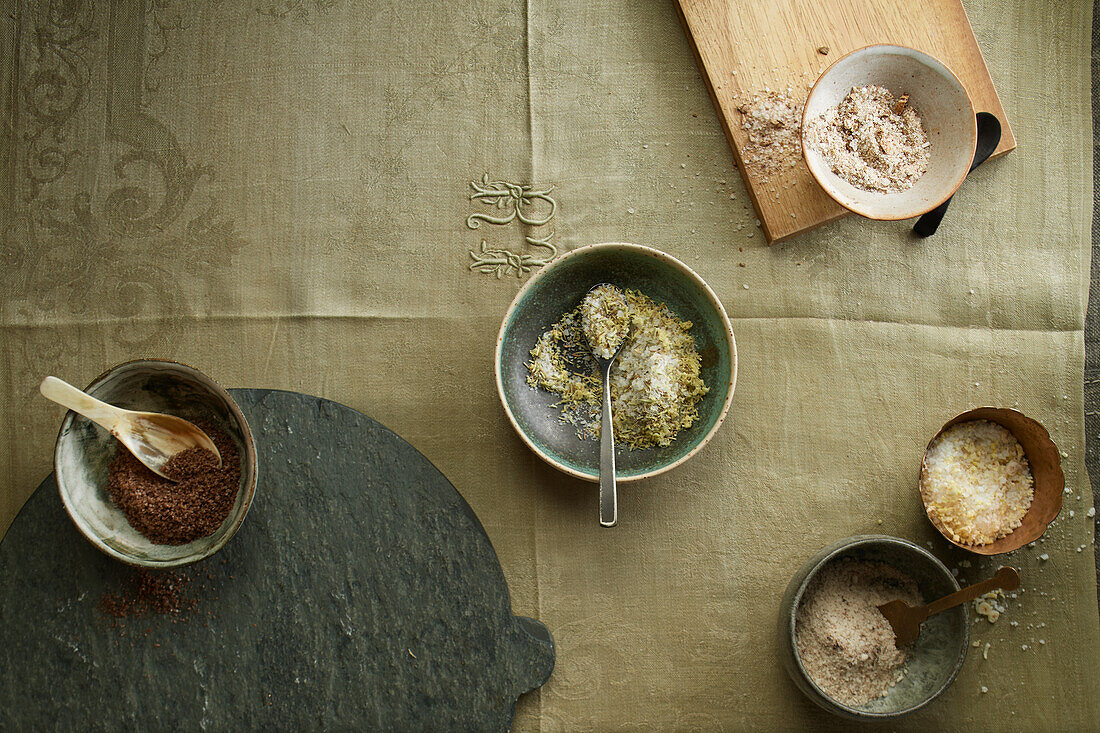 Variety of seasoned salts; Smoked salt, lemon and rosemary, mushroom, ginger and vanilla