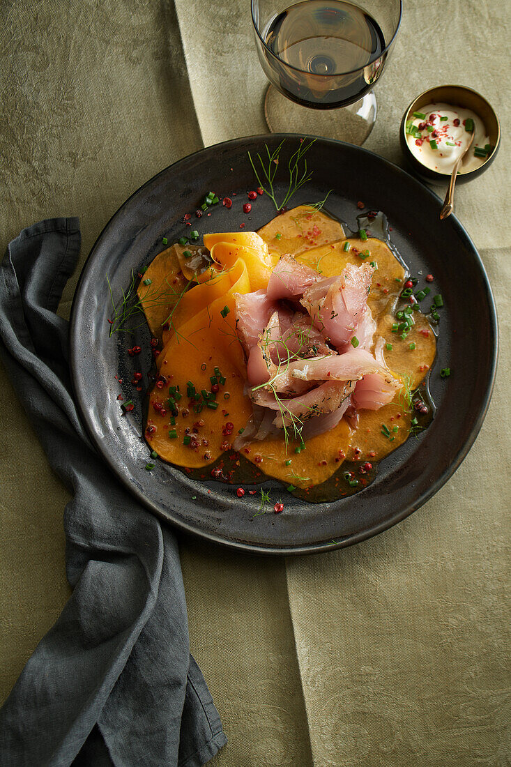 Pumpkin carpaccio and pickled herb mackerel