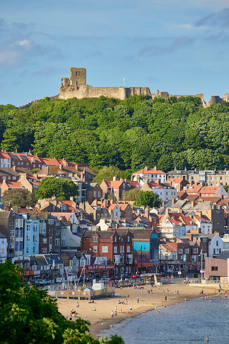 View of South Bay looking towards Scarborough Castle, Scarborough, Yorkshire, England, United Kingdom, Europe