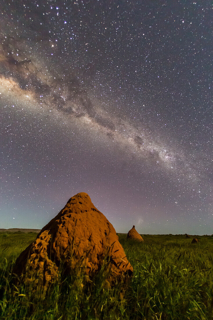 The Milky Way over termite mounds in Cape Range National Park, Exmouth, Western Australia, Australia, Pacific