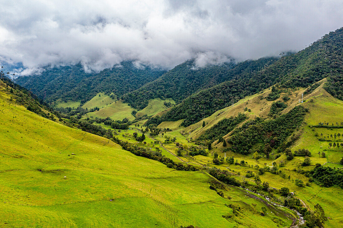 Luftaufnahme des Cocora-Tals, UNESCO-Welterbe, Kaffee-Kulturlandschaft, Salento, Kolumbien, Südamerika