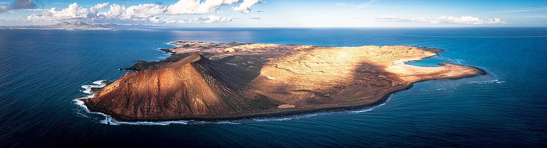 Aerial view of the unspoiled volcanic islet of Isla De Lobos, Corralejo, Atlantic Ocean, Fuerteventura, Canary Islands, Spain, Atlantic, Europe
