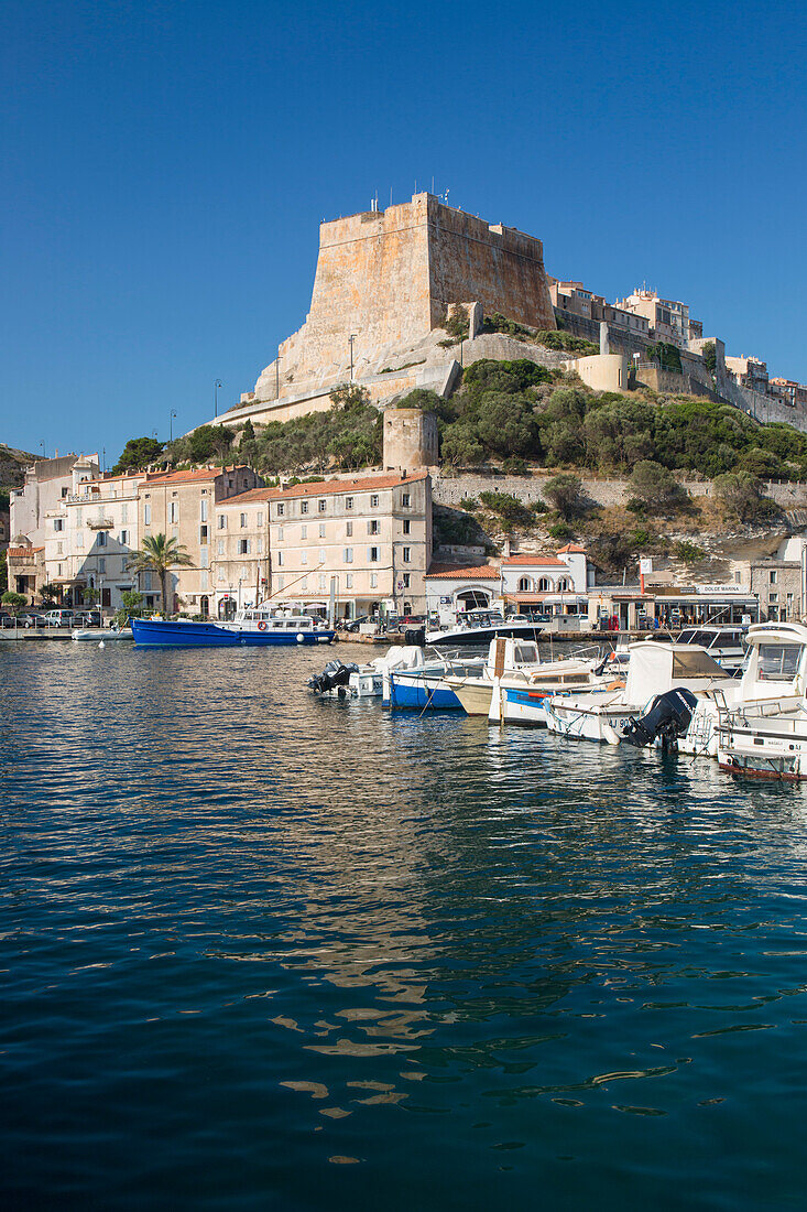 Blick über den Hafen auf die historische Zitadelle, die Bastion de l'Etendard prominent, Bonifacio, Corse-du-Sud, Korsika, Frankreich, Mittelmeer, Europa
