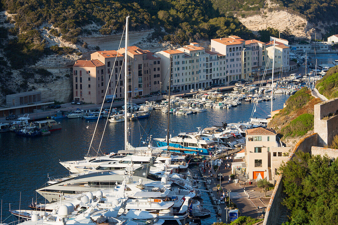 High angle view over the harbour from citadel, luxury yachts moored at quayside, Bonifacio, Corse-du-Sud, Corsica, France, Mediterranean, Europe