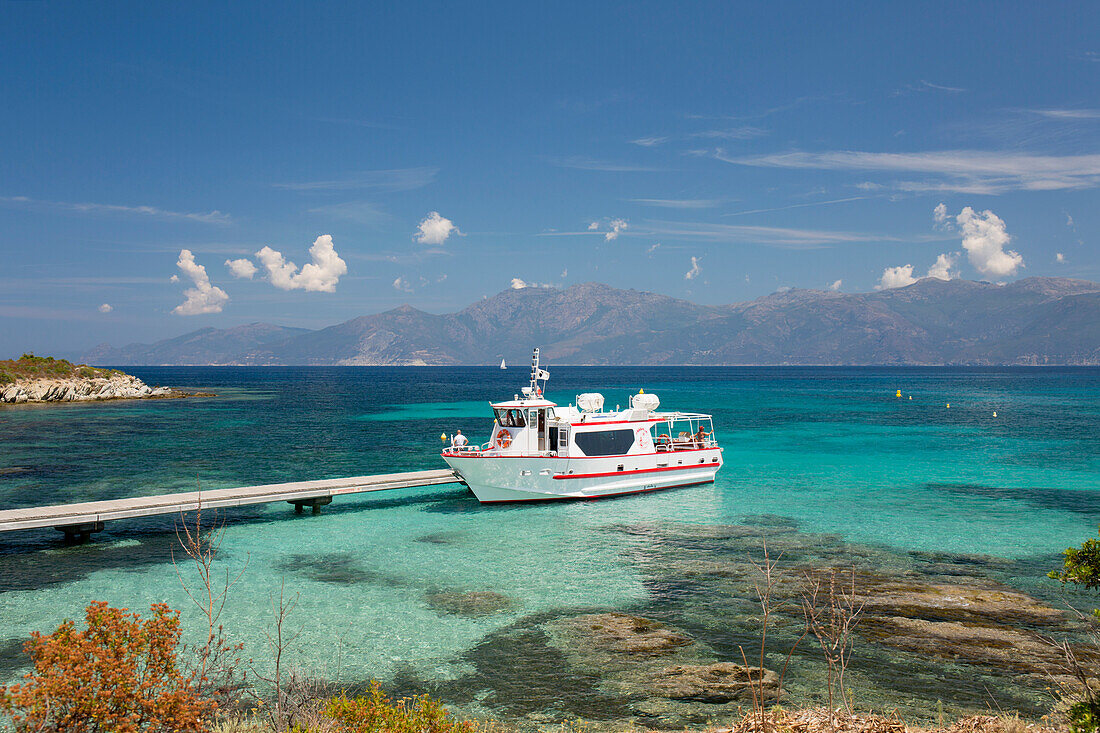 Excursion boat moored at jetty in clear turquoise water off the Plage du Loto, St-Florent, Haute-Corse, Corsica, France, Mediterranean, Europe