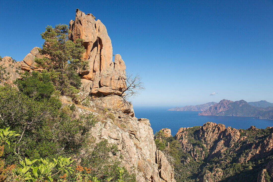 Blick über die roten Felsen der Calanques (Calanche) auf den Golf von Porto, UNESCO-Weltkulturerbe, Piana, Corse-du-Sud, Korsika, Frankreich, Mittelmeer, Europa
