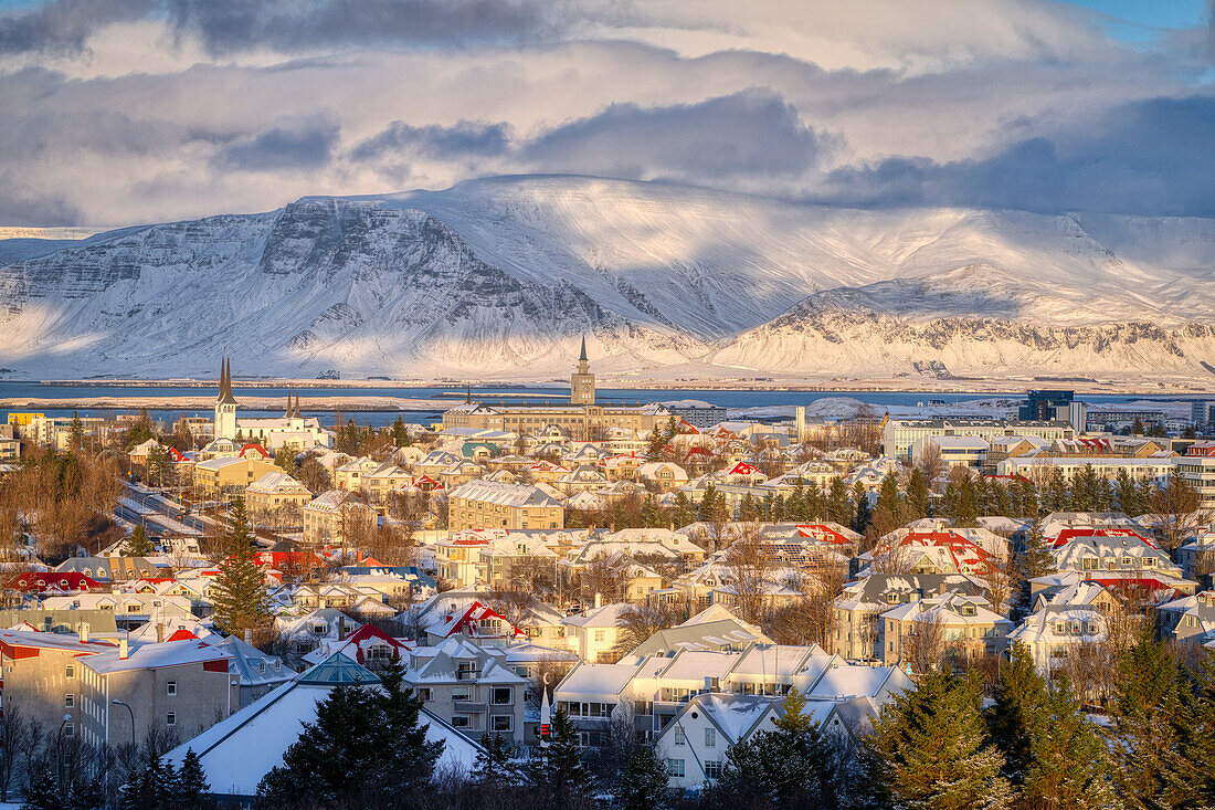 Downtown Reykjavik with mountains in the background, Reykjavik, Iceland, Polar Regions