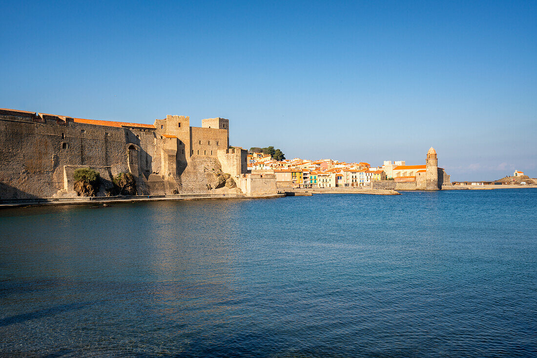 Royal castle of Collioure with the colorful village buildings, Collioure, Pyrenees Orientales, France, Europe