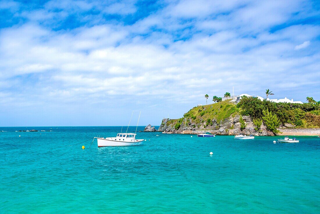 Boat at anchor in Bailey's Bay, Bermuda, Atlantic, Central America