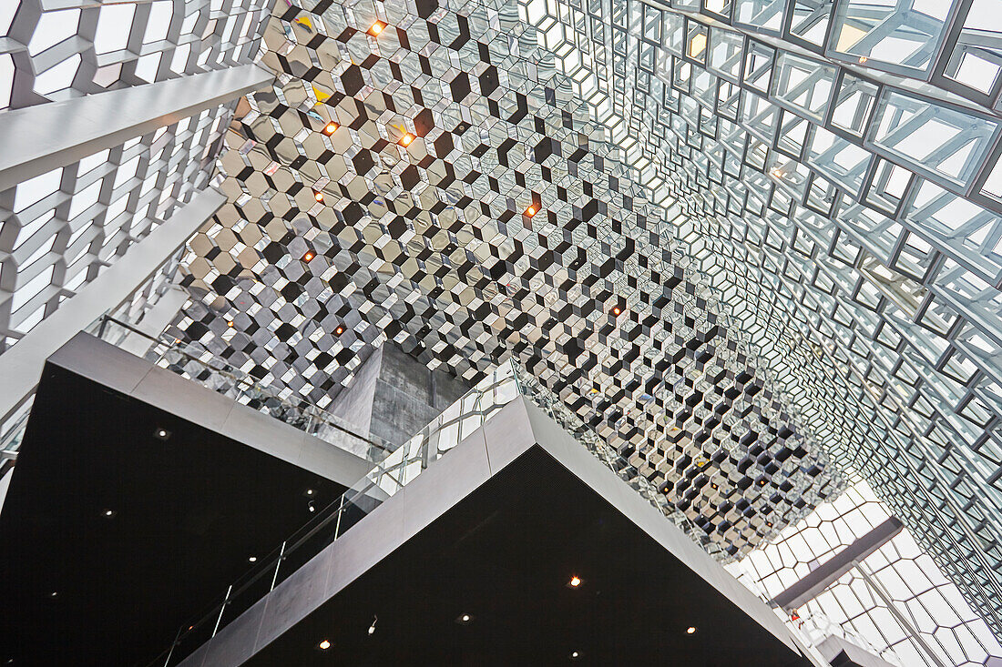 The interior of the Harpa Concert Hall, beside the Old Harbour, Reykjavik, Iceland, Polar Regions