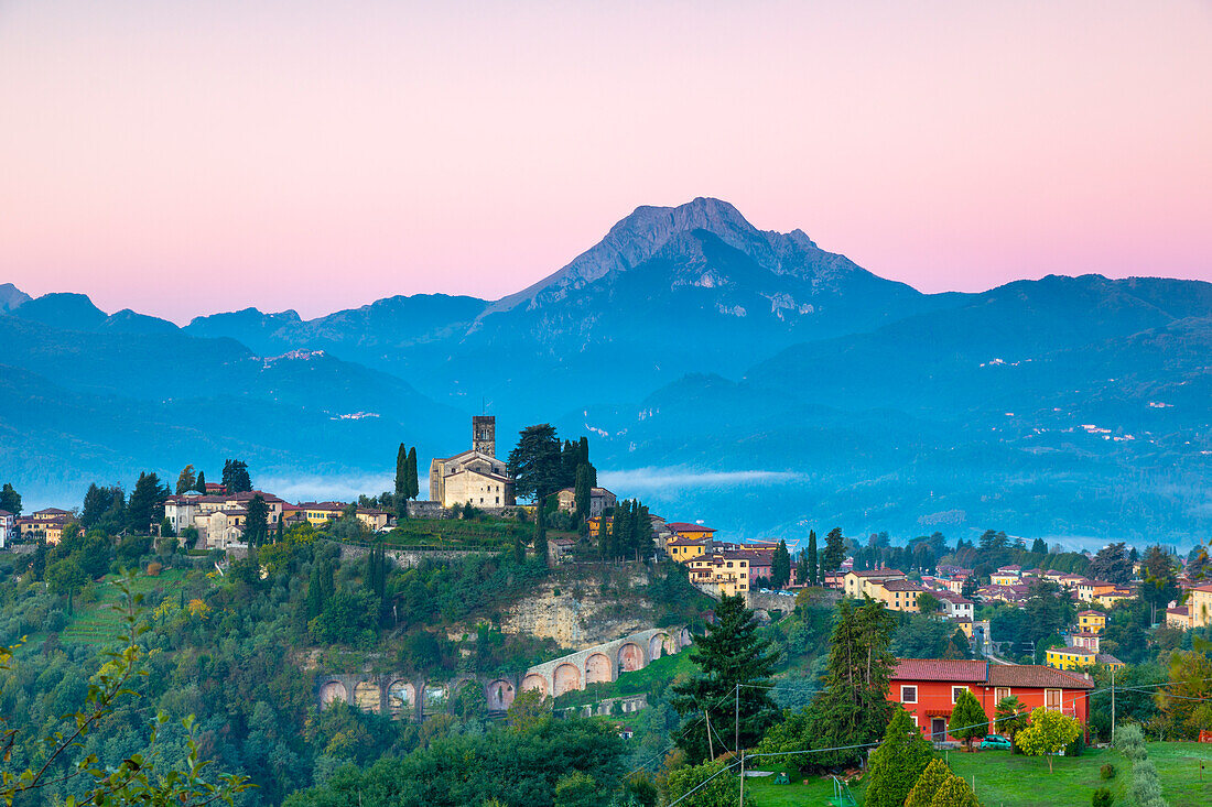 Panoramic view of Barga and La Pania della Croce, Tuscany, Italy, Europe