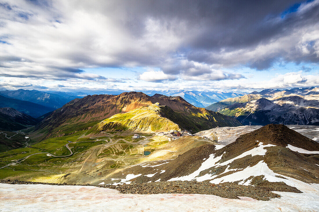 Stelvio Mountain pass at sunset, Valtellina, Lombardy, Italy, Europe