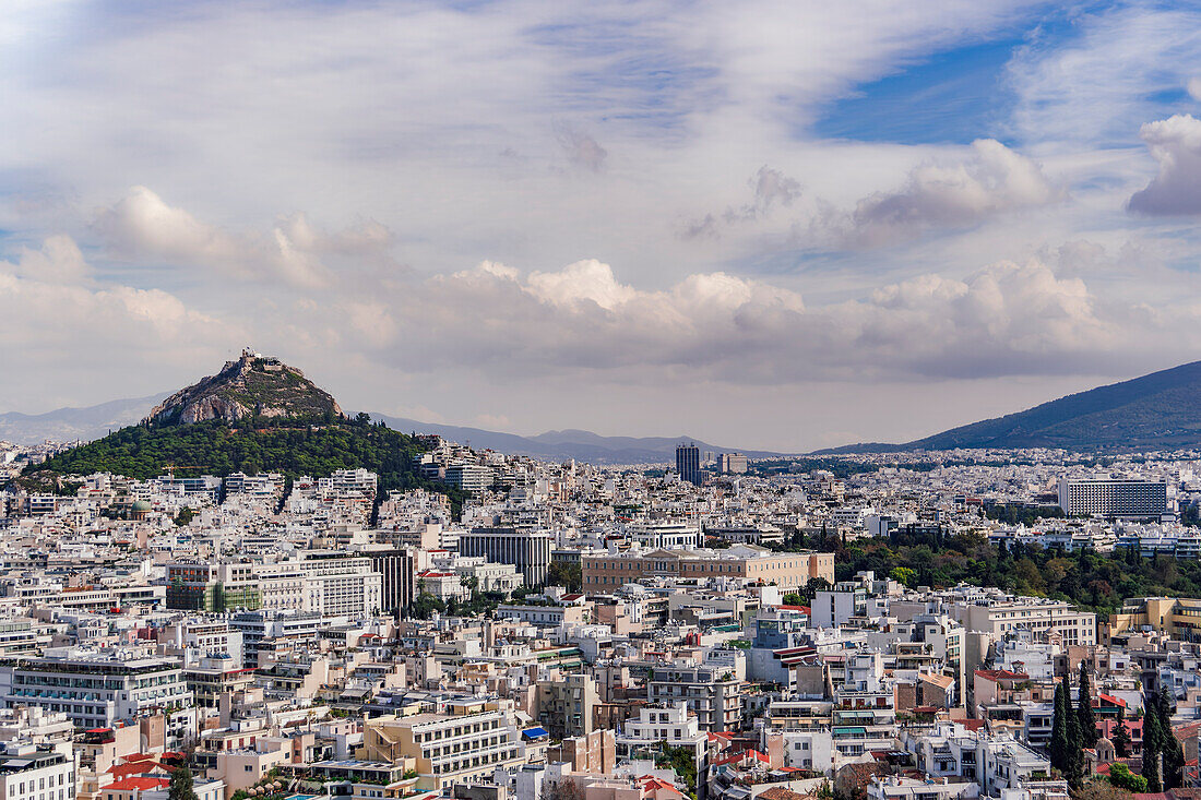 Panorama with Mount Lycabettus and Greek Parliament visible, Athens, Greece, Europe