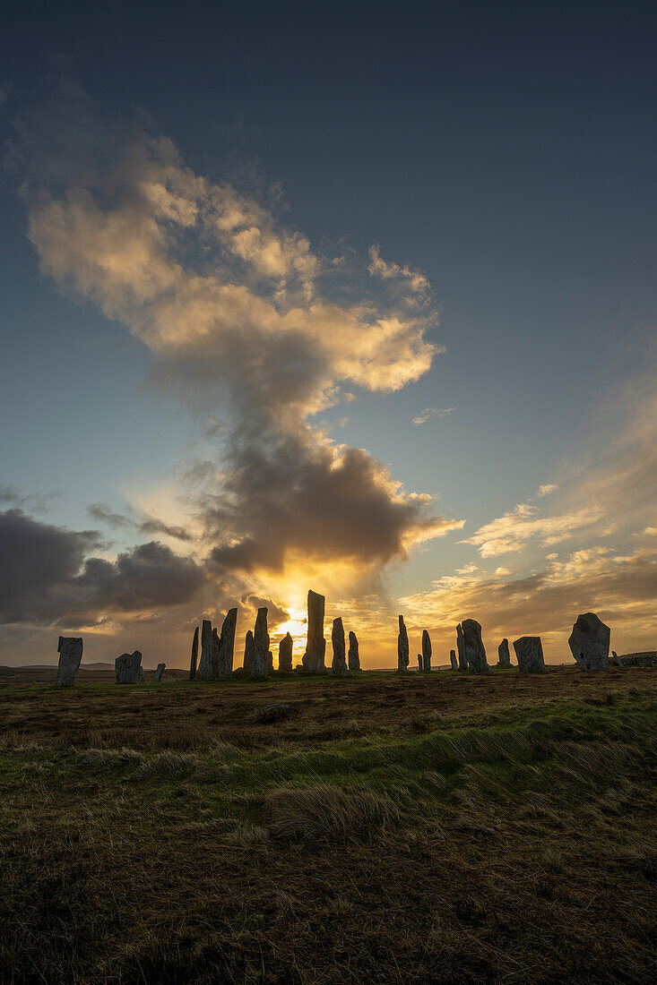 Callanish Standing Stones at sunrise, Callanish, Isle of Lewis, Outer Hebrides, Scotland, United Kingdom, Europe