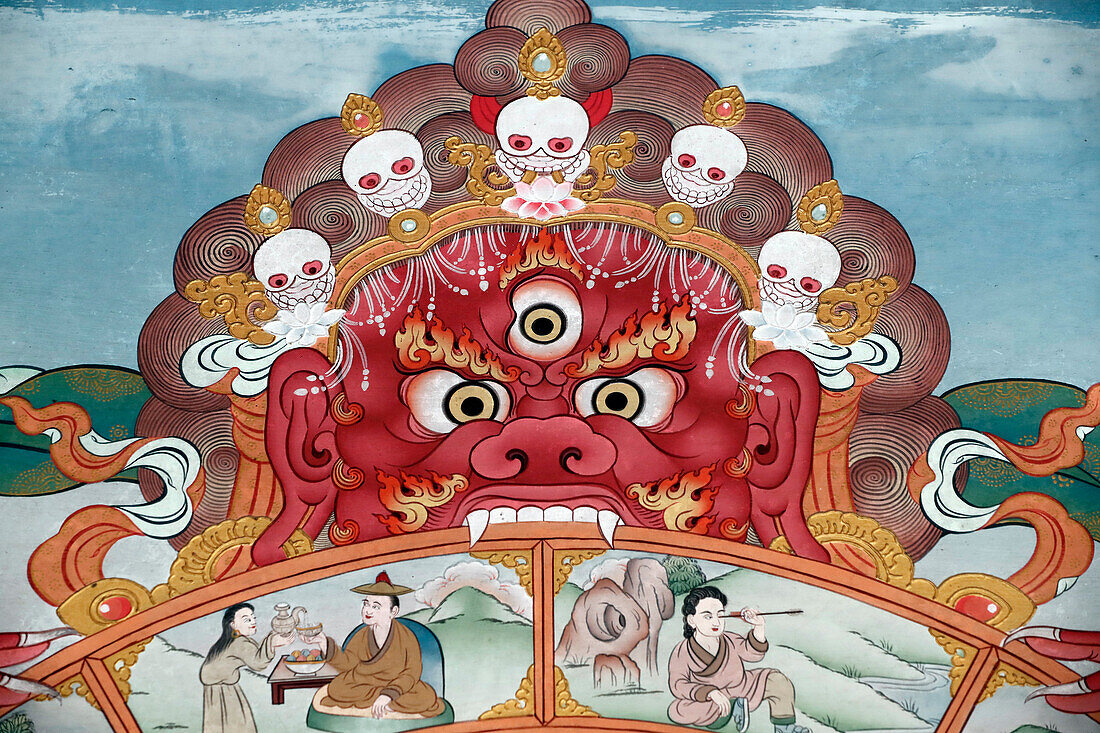 Das Rad des Lebens (das bhavacakra), eine symbolische Darstellung von Samsara, Yama, der Gott des Todes, Pema Osel Ling Kloster, Dakshinkali, Kathmandu, Nepal, Asien