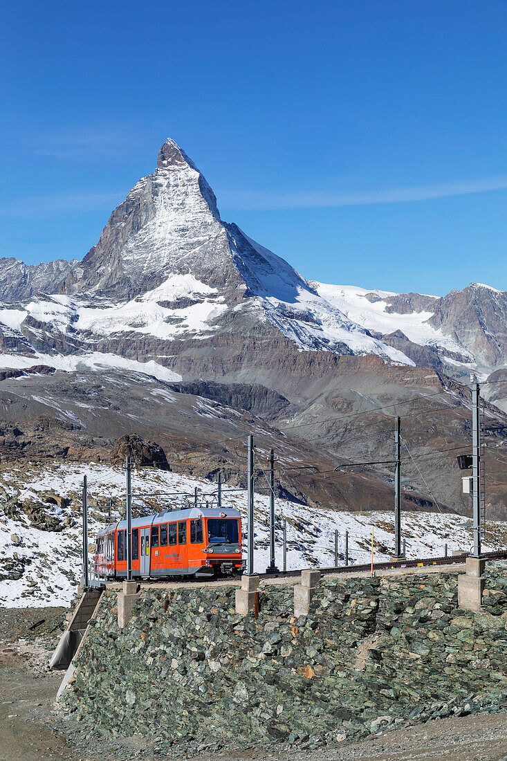 Gornergratbahn cog railway, view of Matterhorn Peak, 4478m, Zermatt, Valais, Swiss Alps, Switzerland, Europe