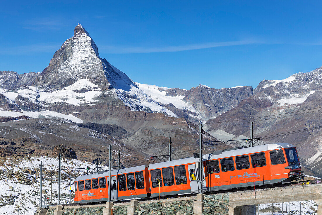 Gornergratbahn Zahnradbahn, Blick auf Matterhorn, 4478m, Zermatt, Wallis, Schweizer Alpen, Schweiz, Europa