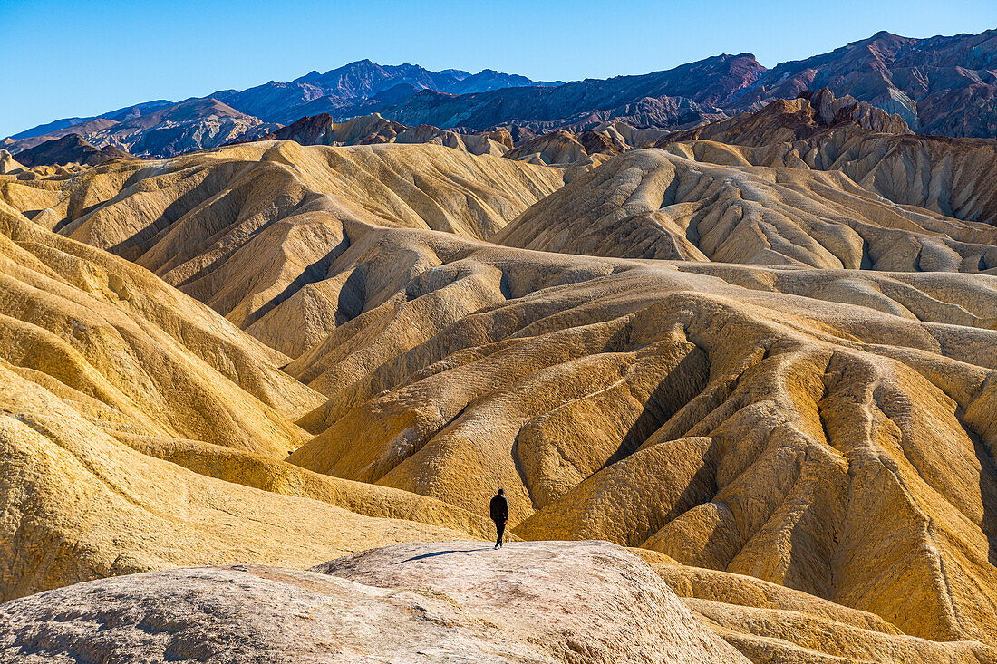 Hiker in the colourful sandstone formations, Zabriskie Point, Death Valley, California, United States of America, North America