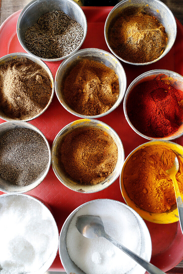 Traditional Nepalese restaurant, curry, salt and spices, Kathmandu, Nepal, Asia