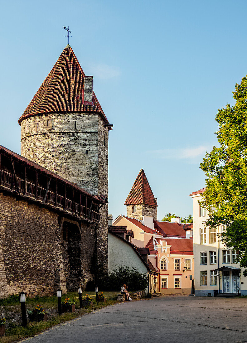 Old Town Walls at sunset, UNESCO World Heritage Site, Tallinn, Estonia, Europe