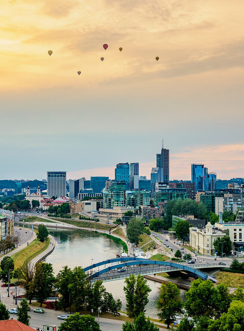 View over Neris River towards Snipiskes, New City Centre, sunset, Vilnius, Lithuania, Europe