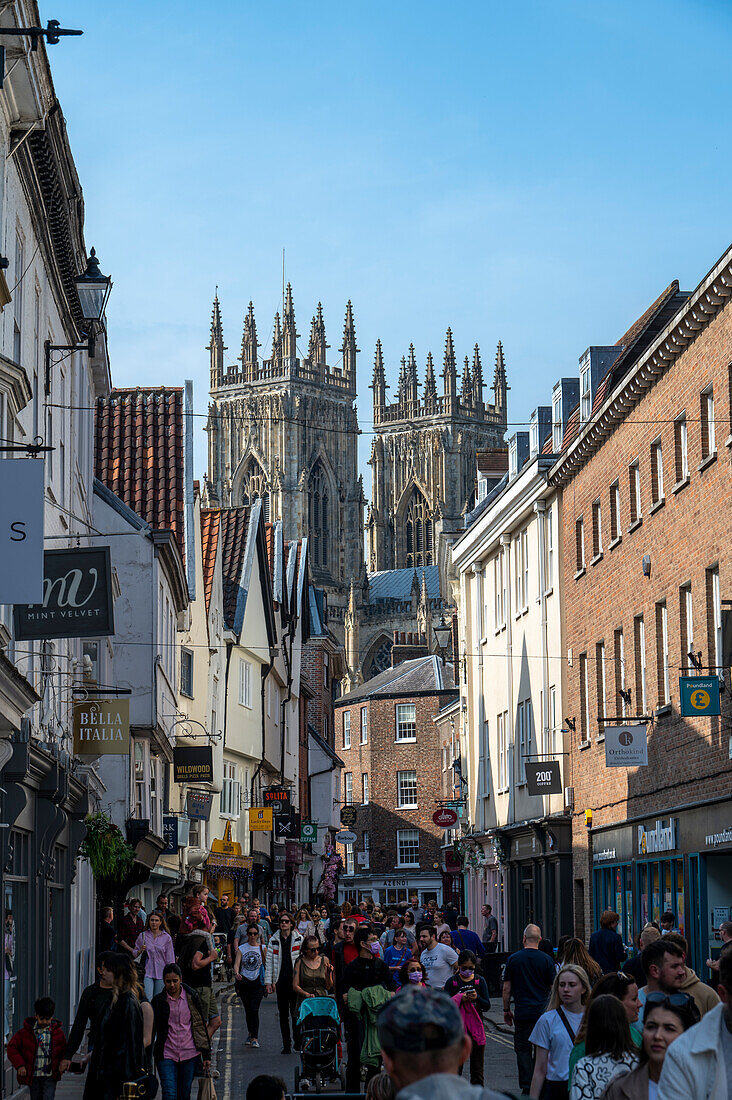 Tourists on street with view of York Minster, York, North Yorkshire, England, United Kingdom, Europe