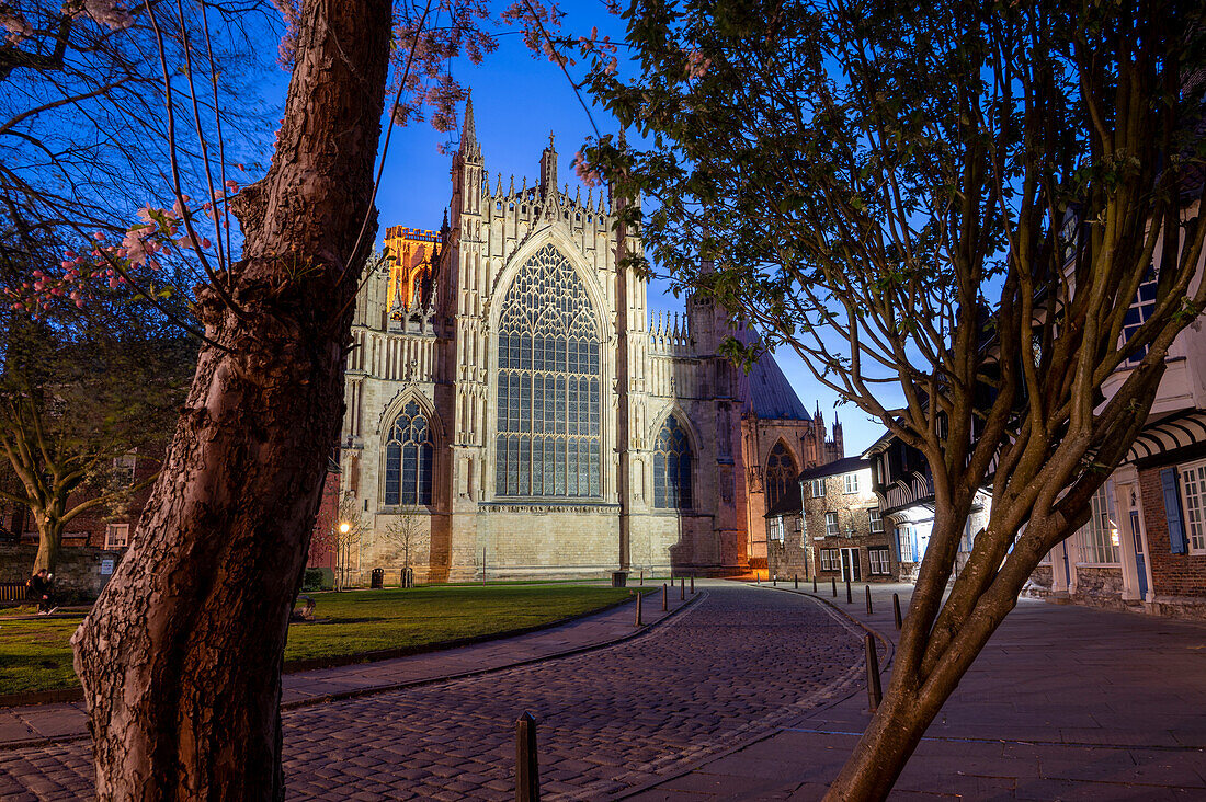 York Minster at night, viewed from College Street, City of York, Yorkshire, England, United Kingdom, Europe