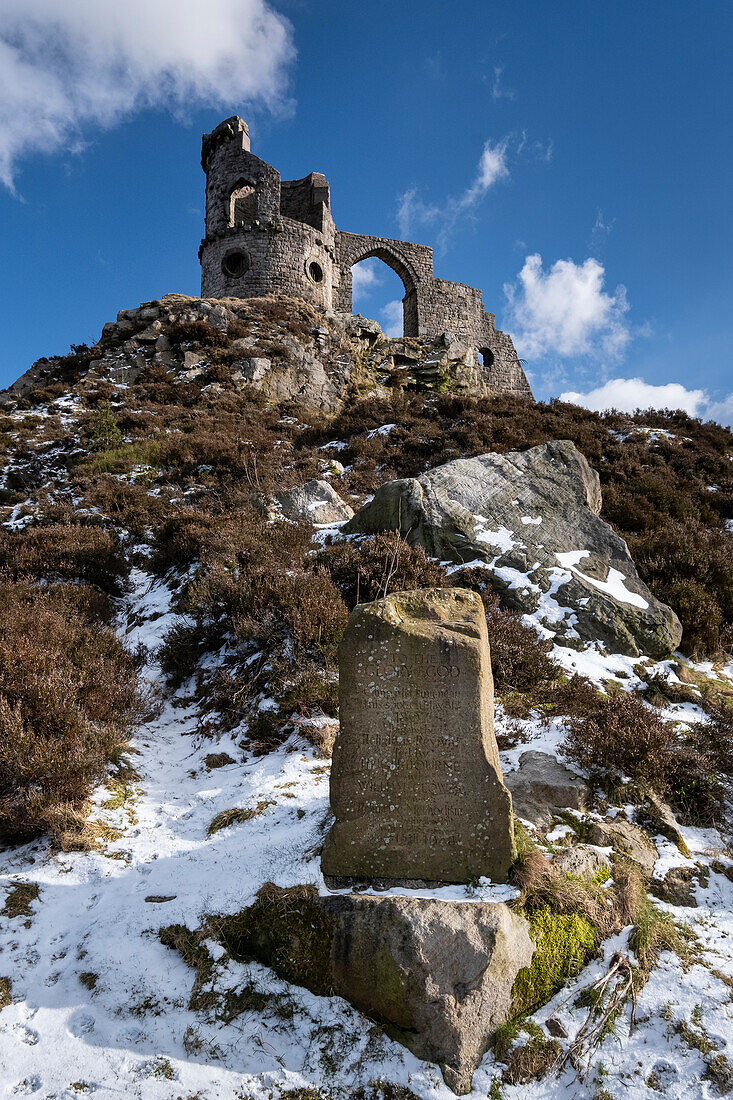 Primitive Methodist Movement monument stone and Mow Cop Castle in winter, Mow Cop, Cheshire, England, United Kingdom, Europe