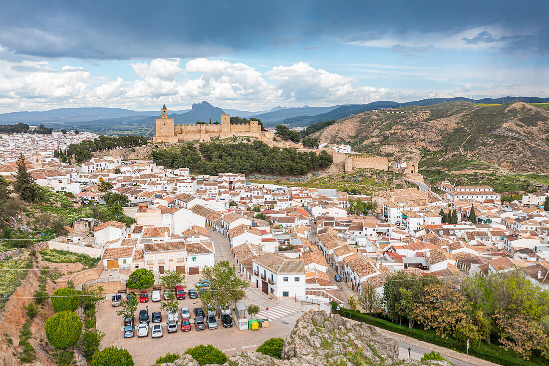 Aerial of the Antequera Castle, Antequera, Andalusia, Spain, Europe